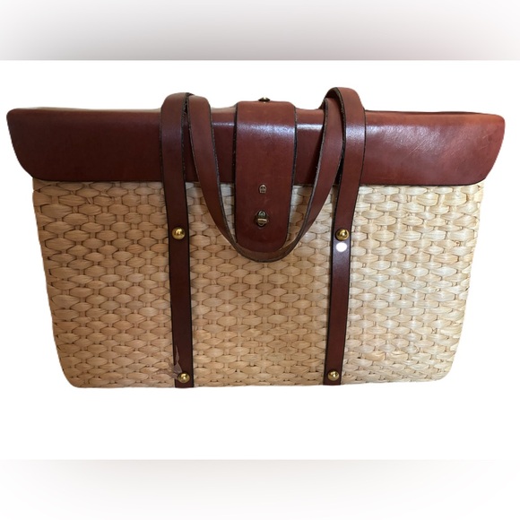 Sac à Main Vintage Etienne Aigner - Paille Et Cuir Brun - Multiples Poches